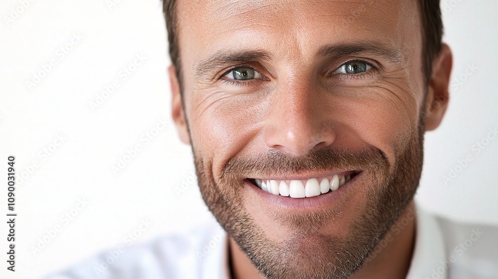 Fototapeta premium Close-Up Portrait of a Cheerful Man with Bright Smile and Engaging Eyes, Showcasing Positive Emotions and Friendly Demeanor in a Natural Setting