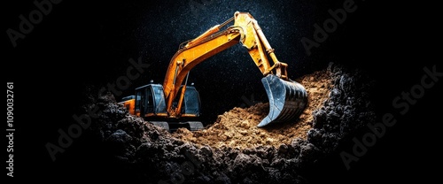 Powerful Excavator Digging in the Dark Construction and Heavy Machinery at Night photo