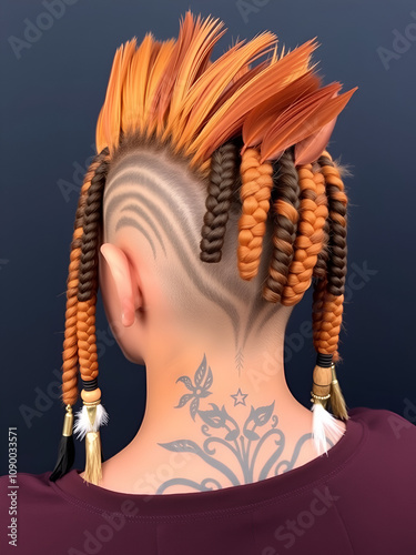 Bold faux hawk hairstyle with shaved tribal patterns, textured twists dyed in earth tones of ochre, terracotta, and deep burgundy, adorned with wooden beads, feathers, and gold metallic tattoos photo