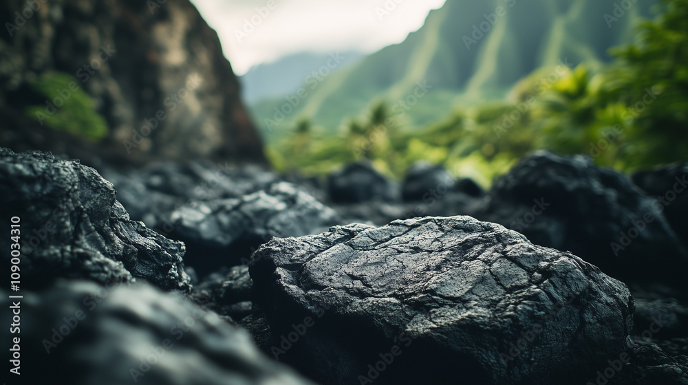 Fototapeta premium Lava Rock Close-Up in Oahu Mountains with Vibrant Greenery