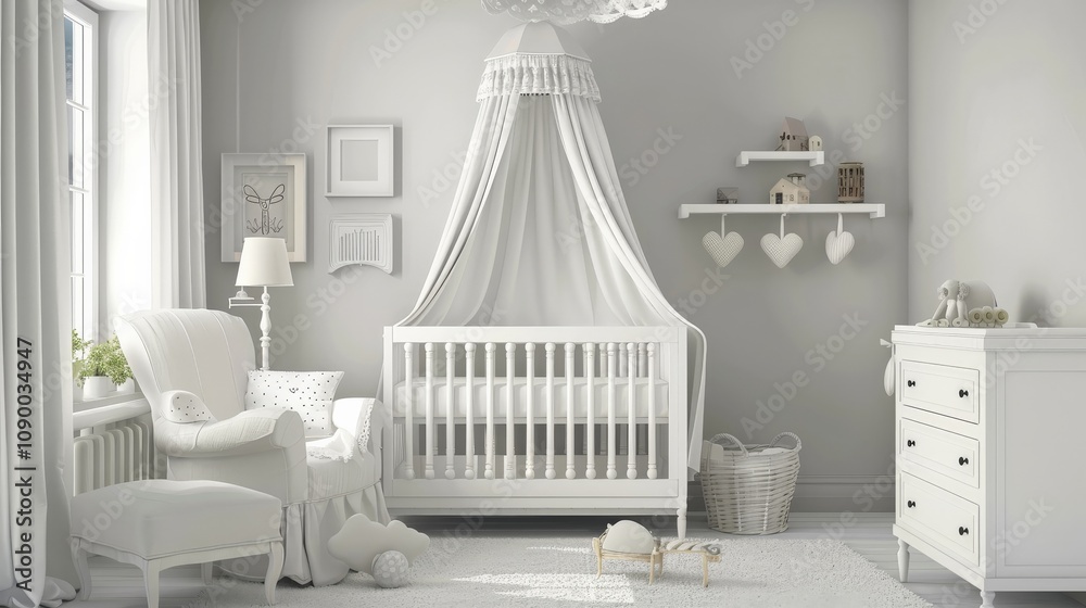 Fototapeta premium A simple, pastel-themed nursery with minimal furniture and soft, soothing colors