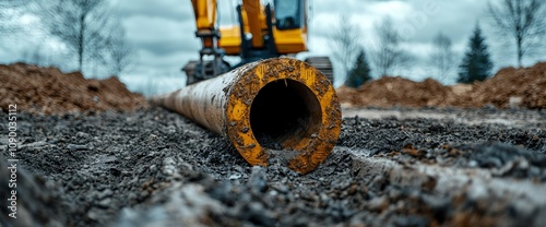 Large Diameter Pipe Installation at Construction Site photo