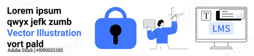 Lock representing security, person holding a graph and book, LMS on computer screen. Ideal for online education, e-learning platforms, cybersecurity, data protection, digital learning, academic