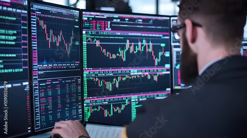 Stock Trader Monitoring Multinational Financial Markets with Multiple Screens Displaying Real-Time Data and Charts in a Modern Trading Environment