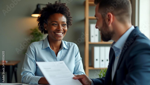 A smiling African financial advisor, businesswoman, manager meeting with a male investor, colleague or client review documents and planning finance, tax in the office