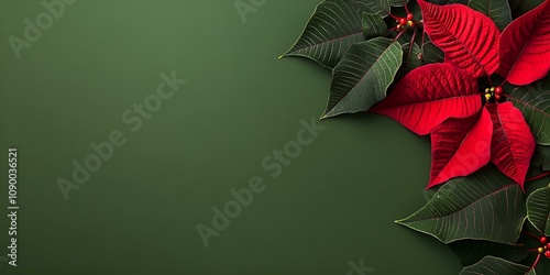 Poinsettia flower web banner. Poinsettia flower isolated on green background with copy space.