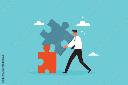 Building Success, Businessman Strategically Completing the Jigsaw, Showcasing the methodical approach to achieving business excellence