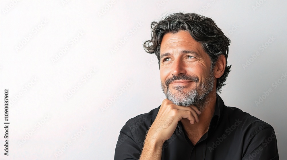 Obraz premium Thoughtful Portrait of a Middle-Aged Man with Curly Hair Smiling and Contemplating in a Studio Setting with a Light Background