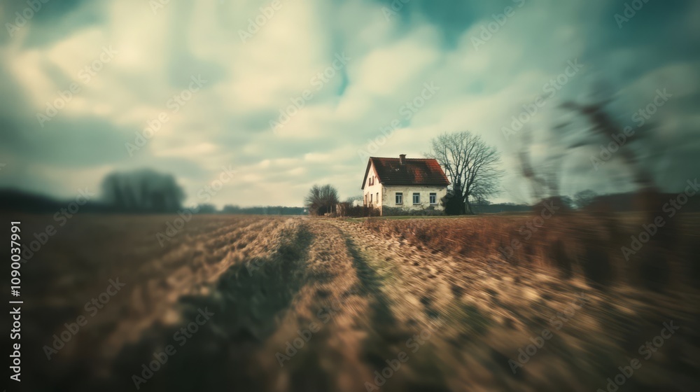 Fototapeta premium Lonely farmhouse in a vast, plowed field under a dramatic sky.