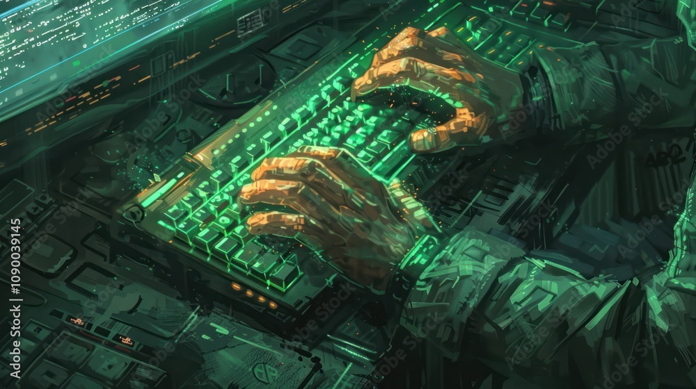 Fototapeta premium A digital scene depicting hands typing on a glowing keyboard.