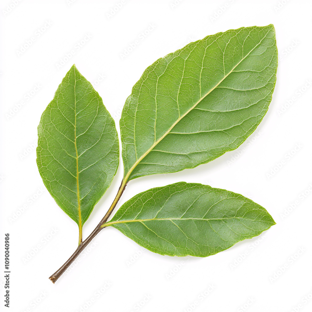 Fototapeta premium Discover the vibrant green of bay leaves perfect for enhancing culinary dishes with their unique flavor. On white background