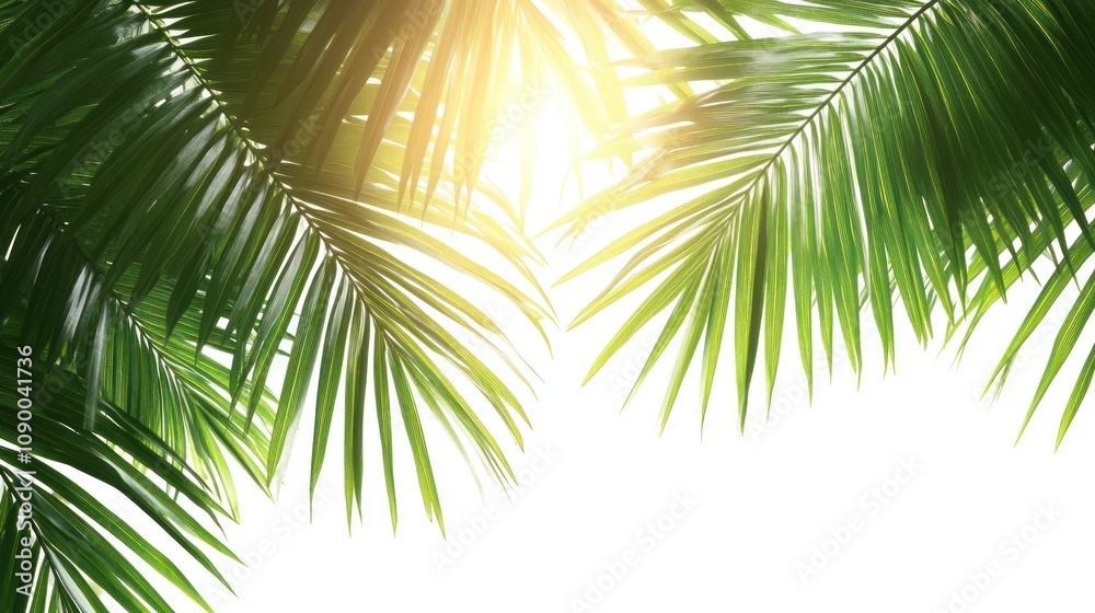 Fototapeta premium Sunlit palm fronds against white.