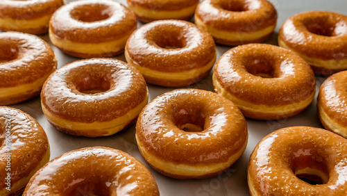 A dozen donuts with a golden, crispy texture arranged close-up on a smooth, light background