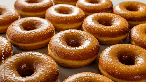 A dozen donuts with a golden, crispy texture arranged close-up on a smooth, light background