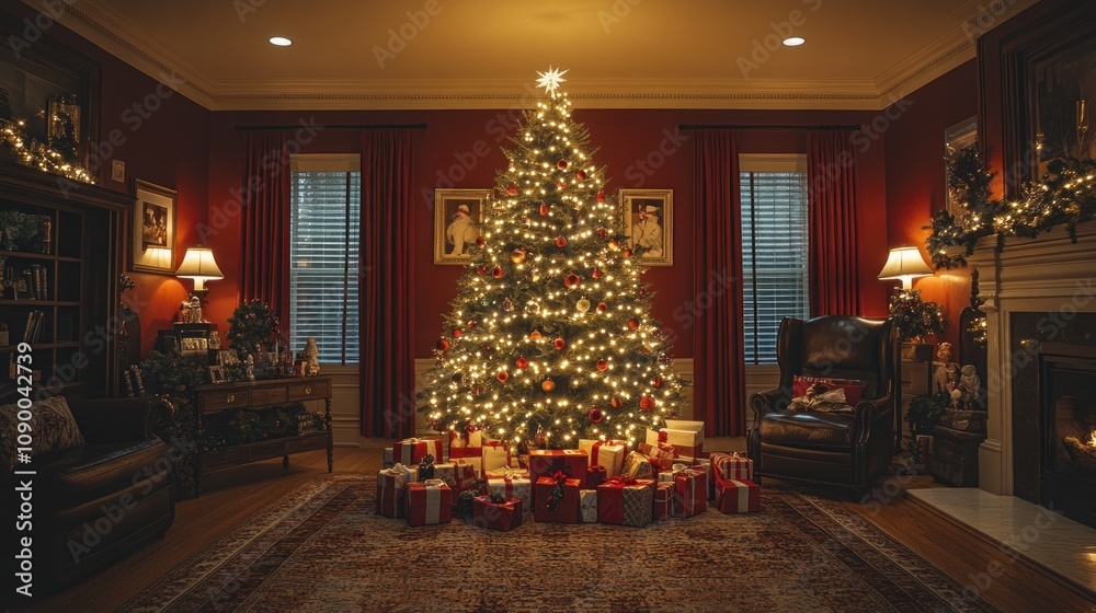 Fototapeta premium Christmas tree in a cozy living room with presents.