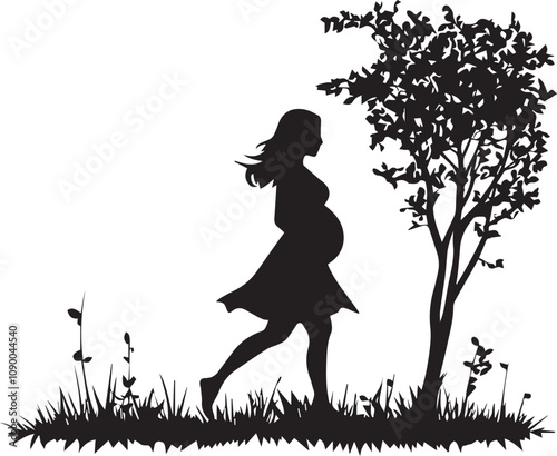 Silhouette of a pregnant woman enjoying a walk in the park, pregnant women vector silhouette