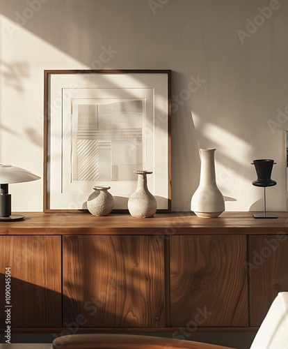 Frame mock up on Living Room, Minimalist Corner with Soft Shadows and Artistic Decor- Generative Ai