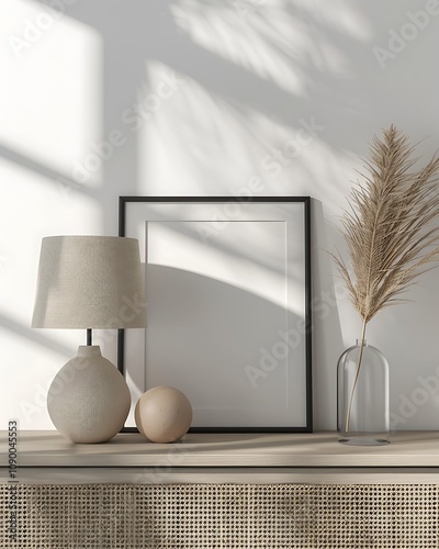 Frame mock up on Living Room, Minimalist Corner with Soft Shadows and Artistic Decor- Generative Ai
