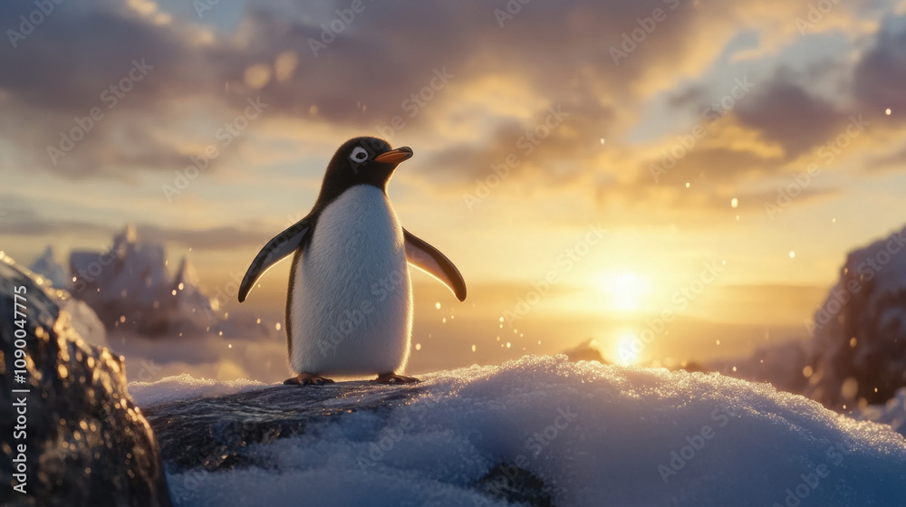 Obraz premium penguin stands majestically on snowy mountain, basking in warm glow of sunset. serene landscape creates peaceful atmosphere, highlighting beauty of nature