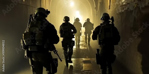Elite commando team navigating through the dark corridors of a castle to free hostages, 4K Video