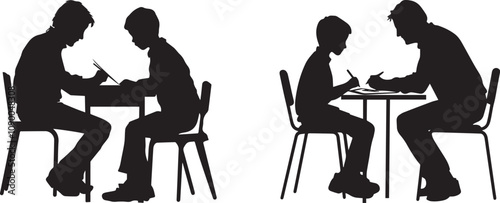 Silhouette of a teacher helping a student with homework, teacher helping a student with a project vector silhouette