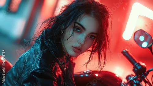 The black haired woman was wearing a motorcycle jacket, confidently sitting on the motorcycle with a cinematic lighting effect. Showcasing the perfect combination of fashion and power