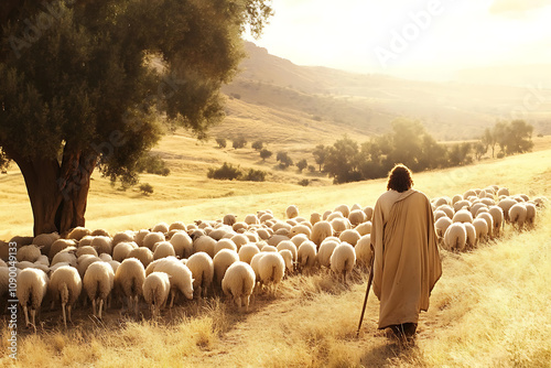 Serene landscape featuring a shepherd with his flock.
