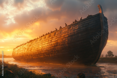 Noah's ark on the beach at sunset