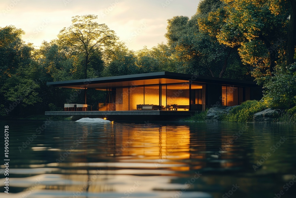 Fototapeta premium A modern glass house by a serene lake, surrounded by lush greenery at sunset.