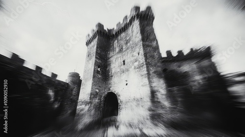 Monochrome image of an old, imposing castle tower. photo