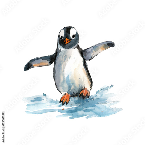 penguin sliding on ice vector illustration in watercolor style