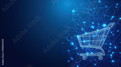 A digital illustration of a shopping cart created with glowing lines and nodes against a dark blue background, representing e-commerce and technology.