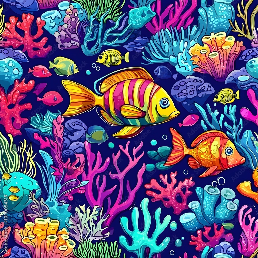 Obraz premium Vibrant Seamless Pattern of Ocean Life, Coral Reefs, and Sea Creatures in Underwater Style