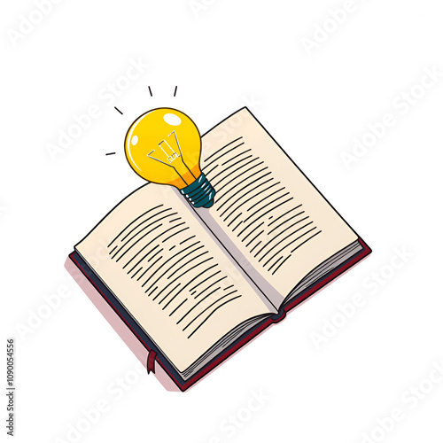 Book with a glowing light bulb in place of a bookmark, flat design, top view, innovation theme, cartoon drawing, triadic color scheme photo