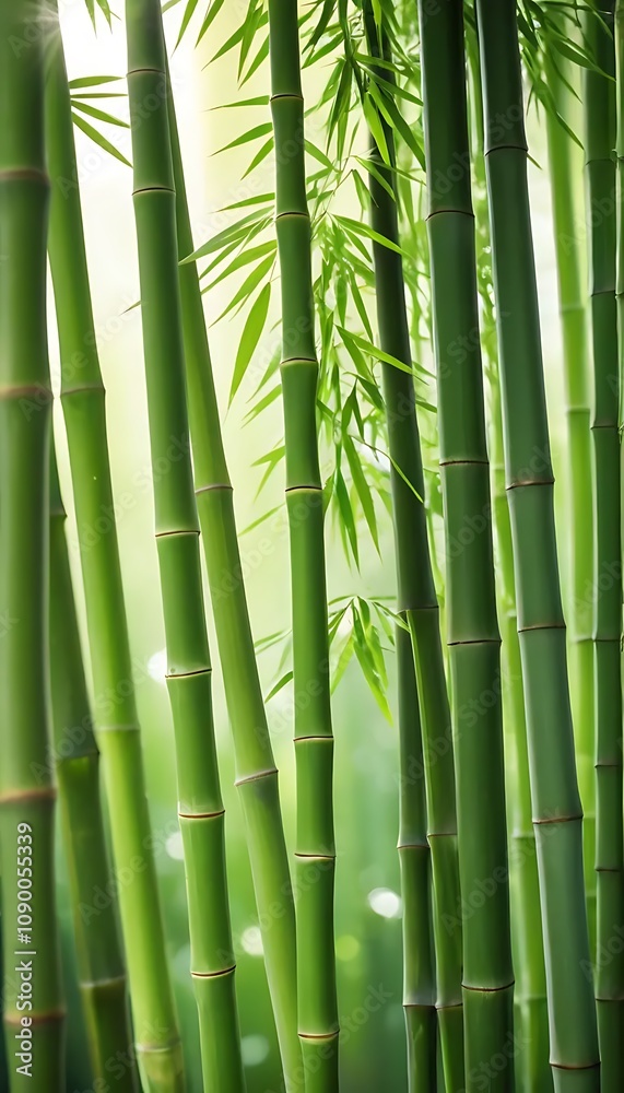 Obraz premium Fresh Green Bamboo Stalks with Light Filtering Through Leaves for a Serene Vibrant Background