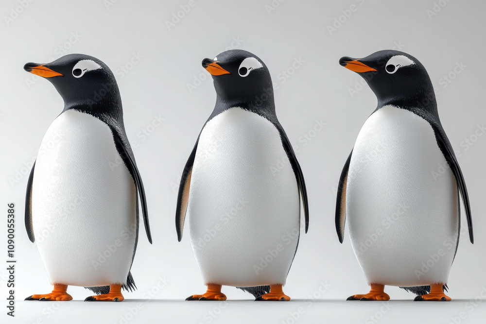 Fototapeta premium Three penguins standing in row, showcasing their black and white feathers and orange beaks. These charming birds evoke sense of playfulness and curiosity