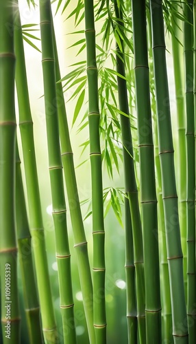 Fresh Green Bamboo Stalks with Light Filtering Through Leaves for a Serene Vibrant Background