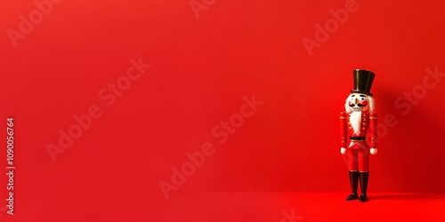 A classic Nutcracker figurine positioned on the right side, standing out against a bold panoramic red backdrop with space for text --ar 2:1 --s 50