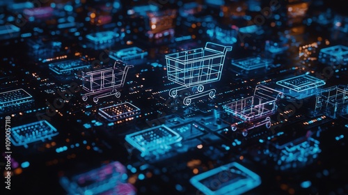 A futuristic digital landscape showcasing glowing shopping cart icons amidst a network of interconnected data nodes.