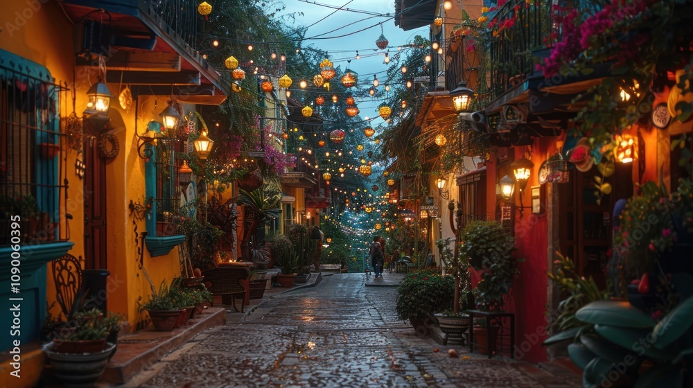 Obraz premium A charming, illuminated alleyway adorned with colorful lanterns.
