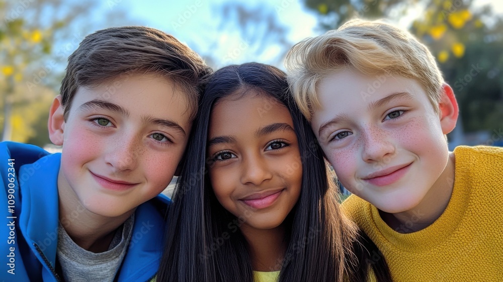 Fototapeta premium A closeup of three young friends, two boys and one girl, with diverse skin tones