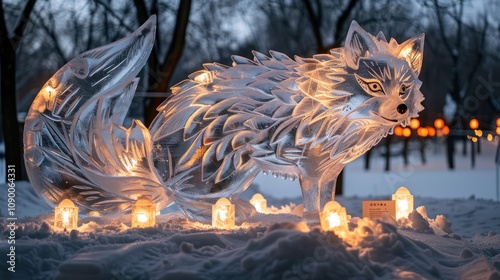 Ice sculpture of a fox illuminated by lights in a snowy setting. photo