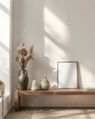 Frame mock up on Living Room, Minimalist Corner with Soft Shadows and Artistic Decor- Generative Ai