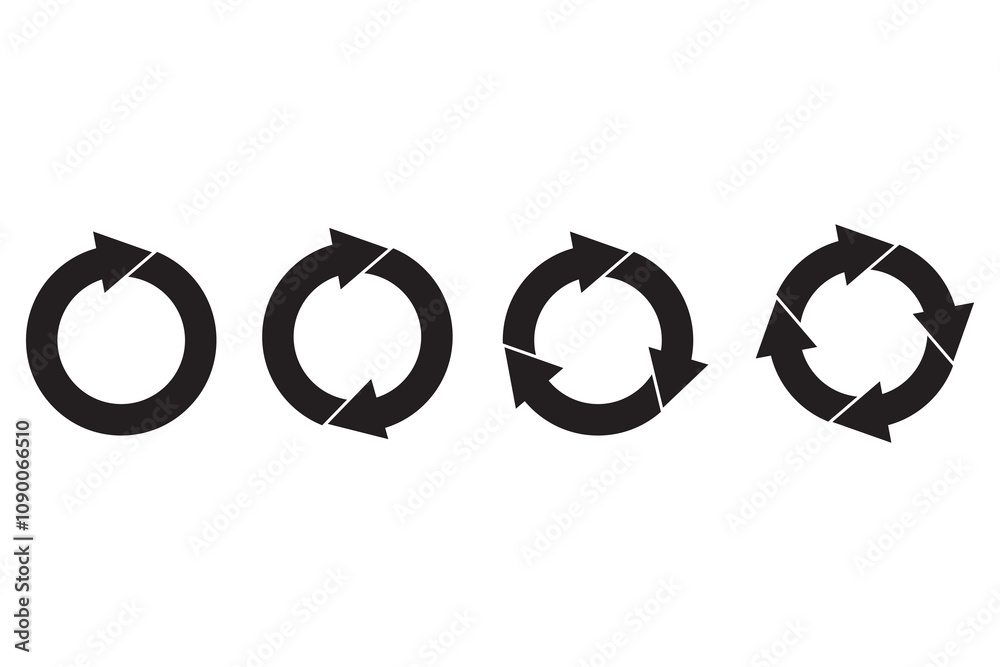 Circular process set. Rotating arrow icons. Black cycle symbols. Vector graphic.