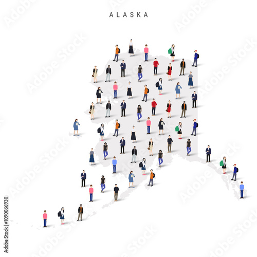 Alaska US state population map. Large group of realistic a diverse crowd of people figures. Flat vector illustration isolated on white.