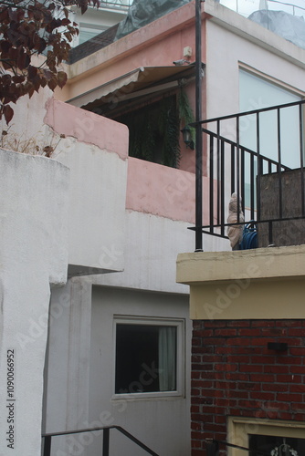Pink and white sections of villa building