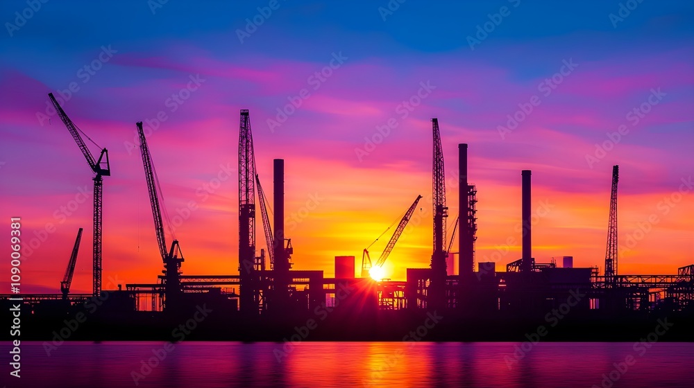 Obraz premium Captivating Silhouette of Timber Processing Industry at Sunset with Vibrant Sky and Crane Structures Reflecting on Water