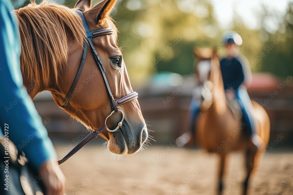 Obraz premium The child learns horse riding under the guidance of a trainer