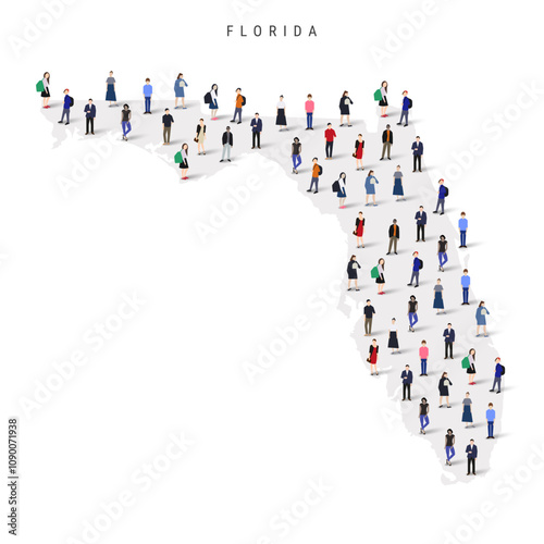Florida US state population map. Large group of realistic a diverse crowd of people figures. Flat vector illustration isolated on white.