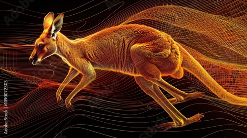 Red kangaroo in dynamic motion, abstract orange and black background. photo